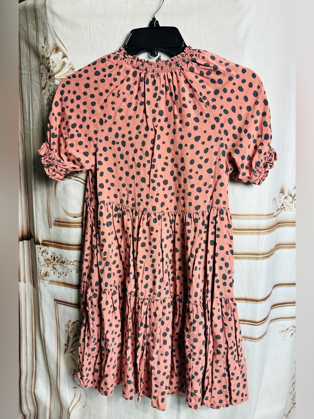 Smocked Neck Pink Polka Dot Tiered Girls Dress - Picture 3 of 9